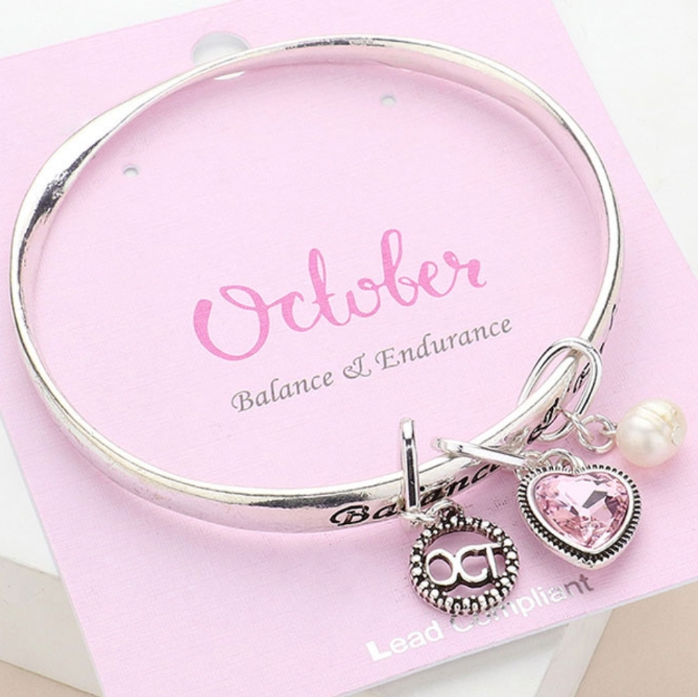 Silver & Pink Heart OCTOBER Beaded Charm Bracelet Gem Stone Statement Jewelry